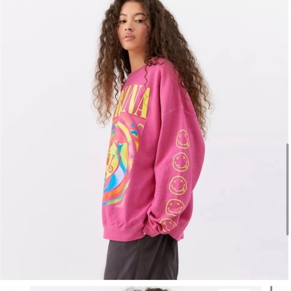 Urban Outfitters Nirvana Smiley Face Overdyed Sweatshirt Heliconia  XL oversized - Picture 2 of 15
